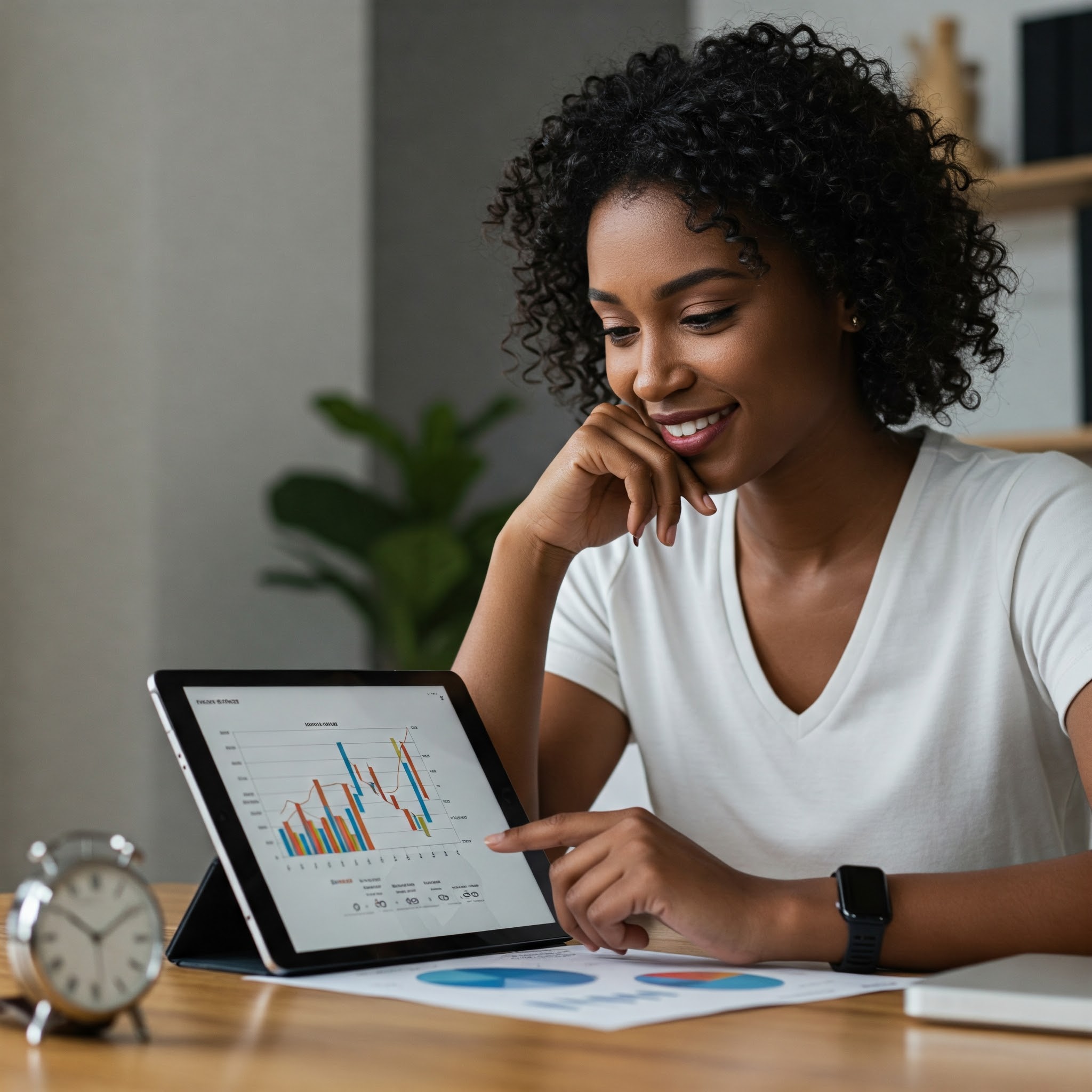 Pessoa sorrindo relaxada, simbolizando tempo e tranquilidade ganhos com finanças organizadas